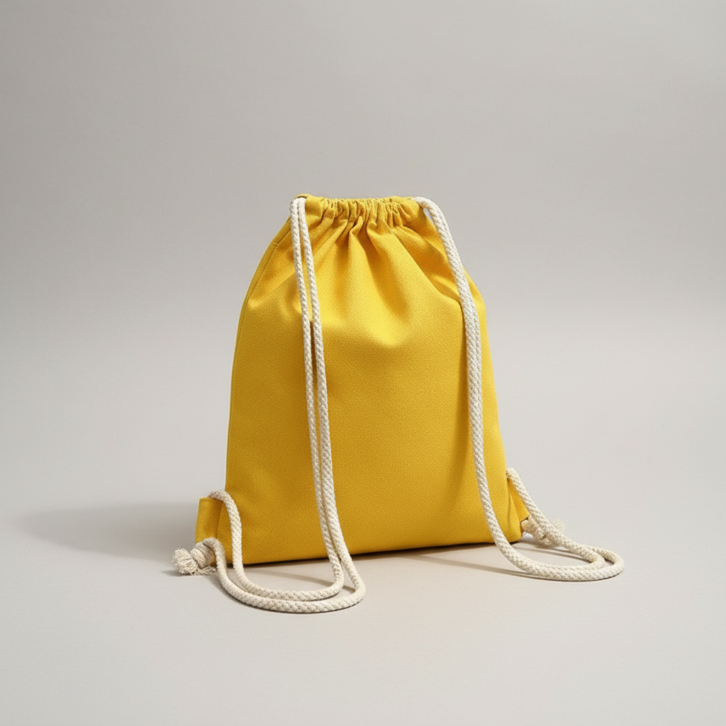 Lightweight drawstring backpack with soft canvas exterior and rope shoulder straps