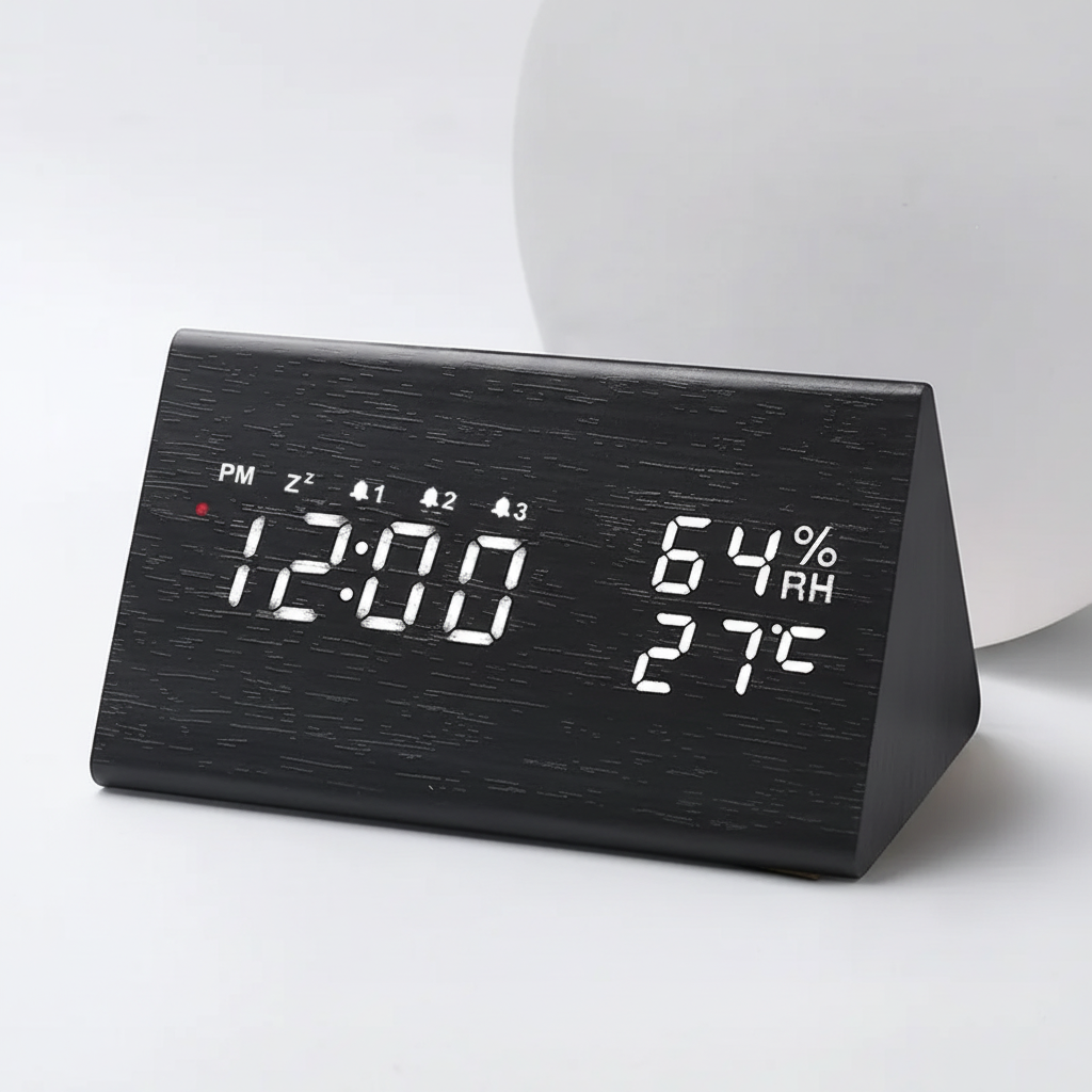 Digital alarm clock with wood-look finish, sound-activated LED display