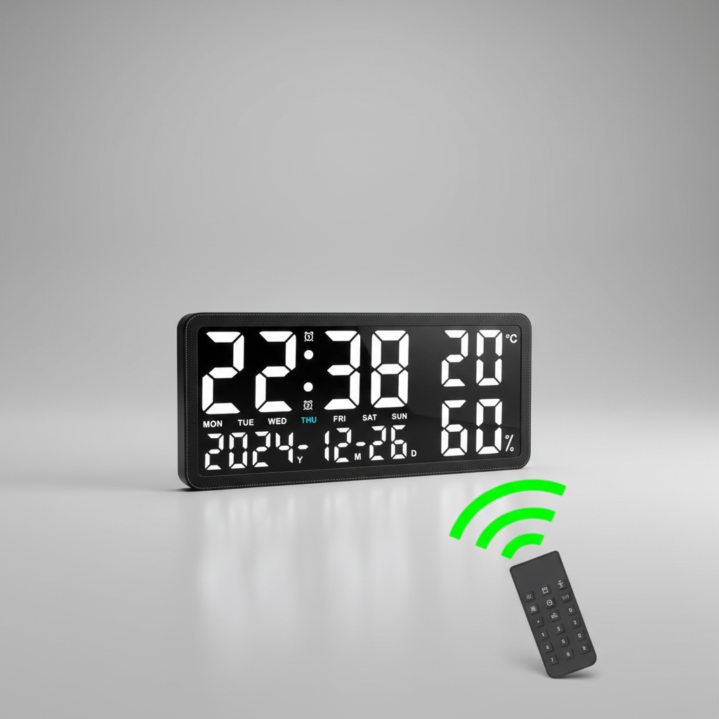 Digital alarm clock with large LED display, temperature and humidity monitoring