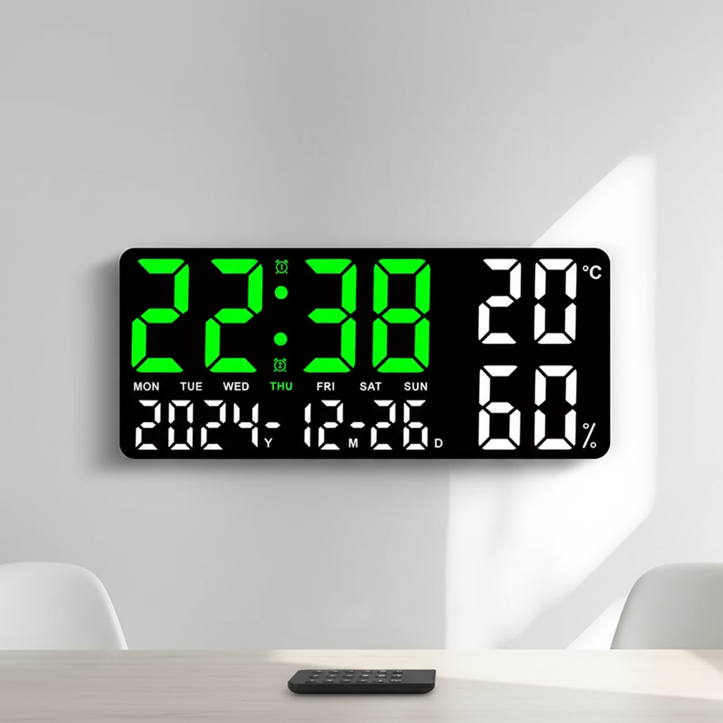 Digital alarm clock with large LED display, temperature and humidity monitoring