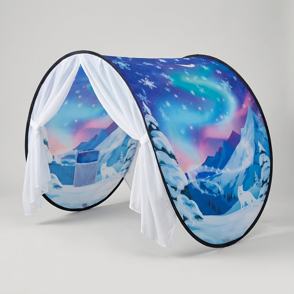 Foldable kids bed canopy tent with ambient lighting and storage pockets