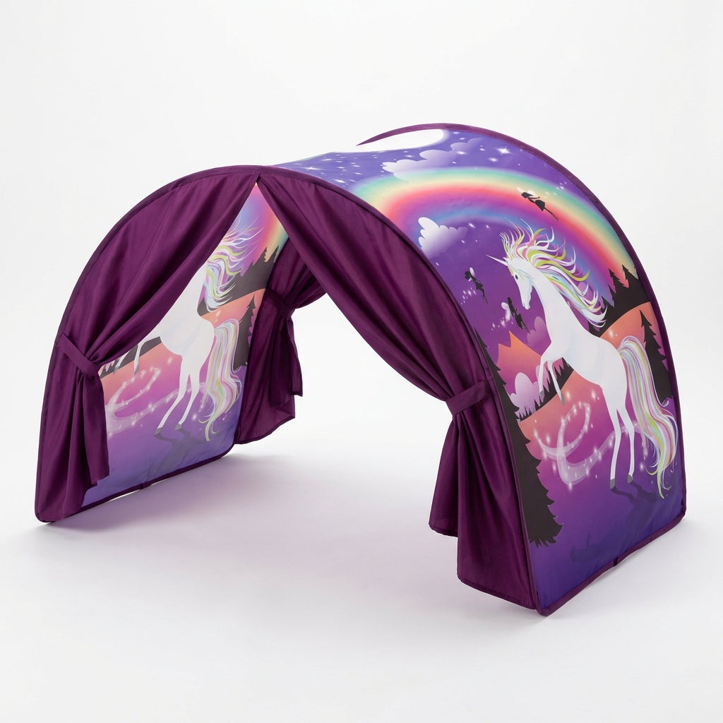 Foldable kids bed canopy tent with ambient lighting and storage pockets