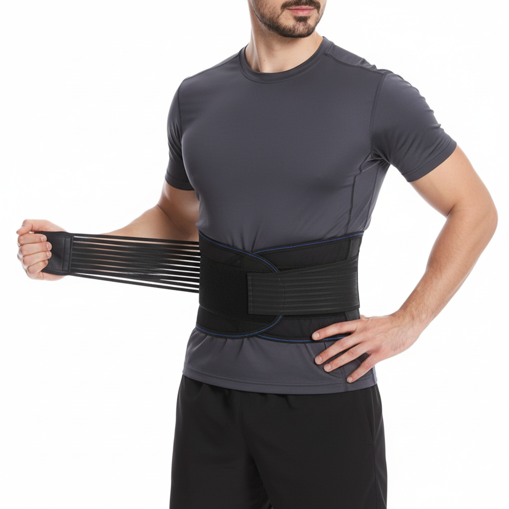 Adjustable lower back support belt with breathable lumbar stabilization