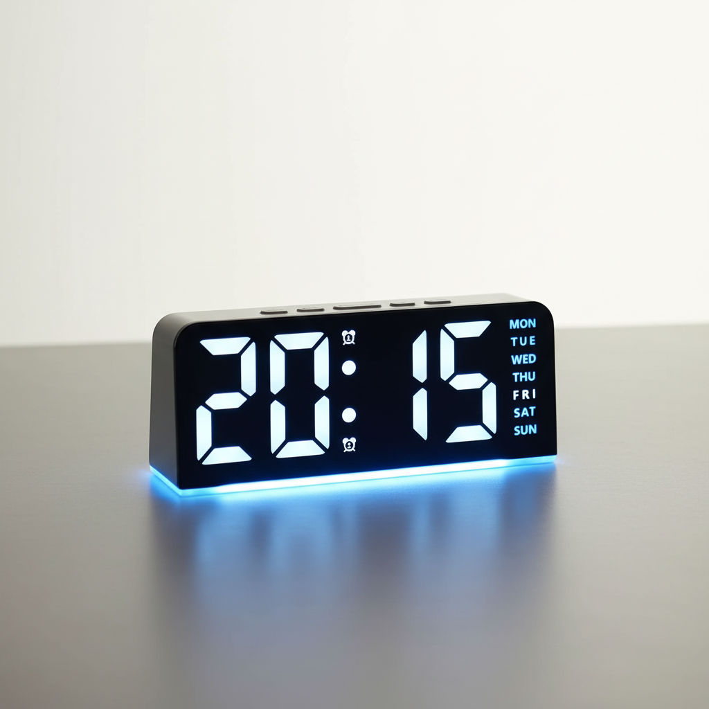 Digital alarm clock with LED display, temperature reading, and customizable backlight