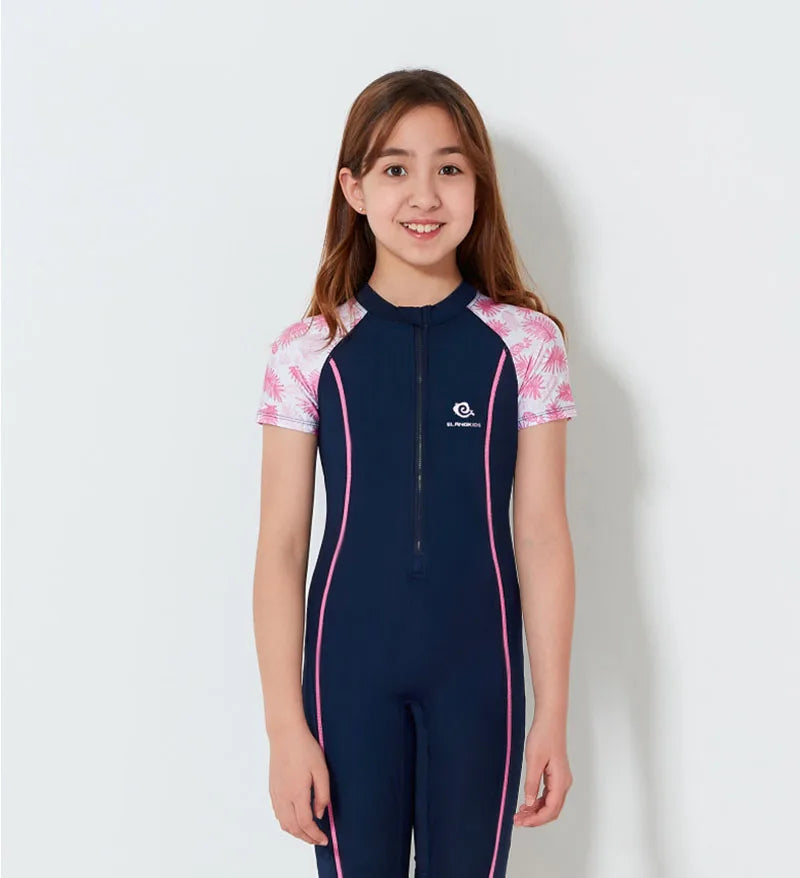 Girls short sleeve one piece swimsuit with front zipper and quick dry fabric