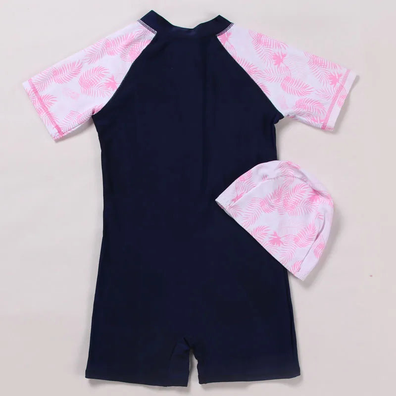 Girls short sleeve one piece swimsuit with front zipper and quick dry fabric