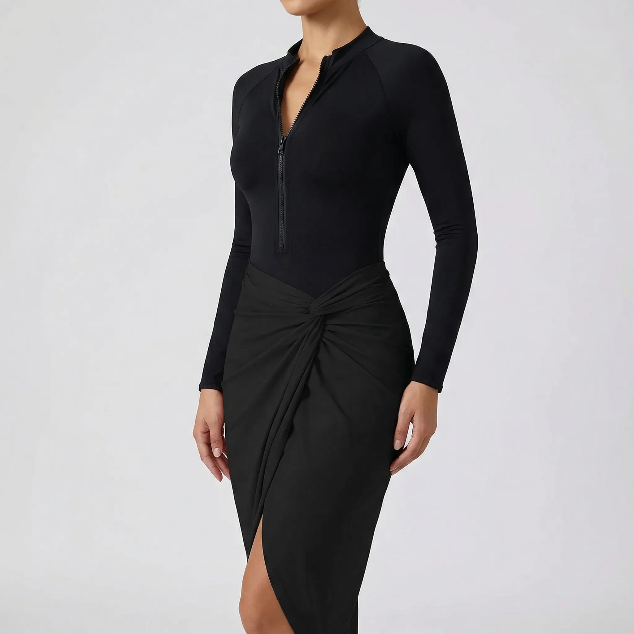 Long sleeve one-piece swimsuit with contrast patchwork panels
