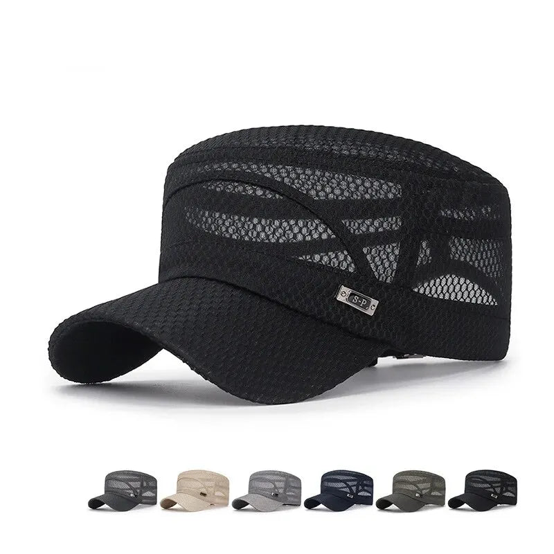 Breathable mesh flat-top cap with military-inspired silhouette and adjustable strap