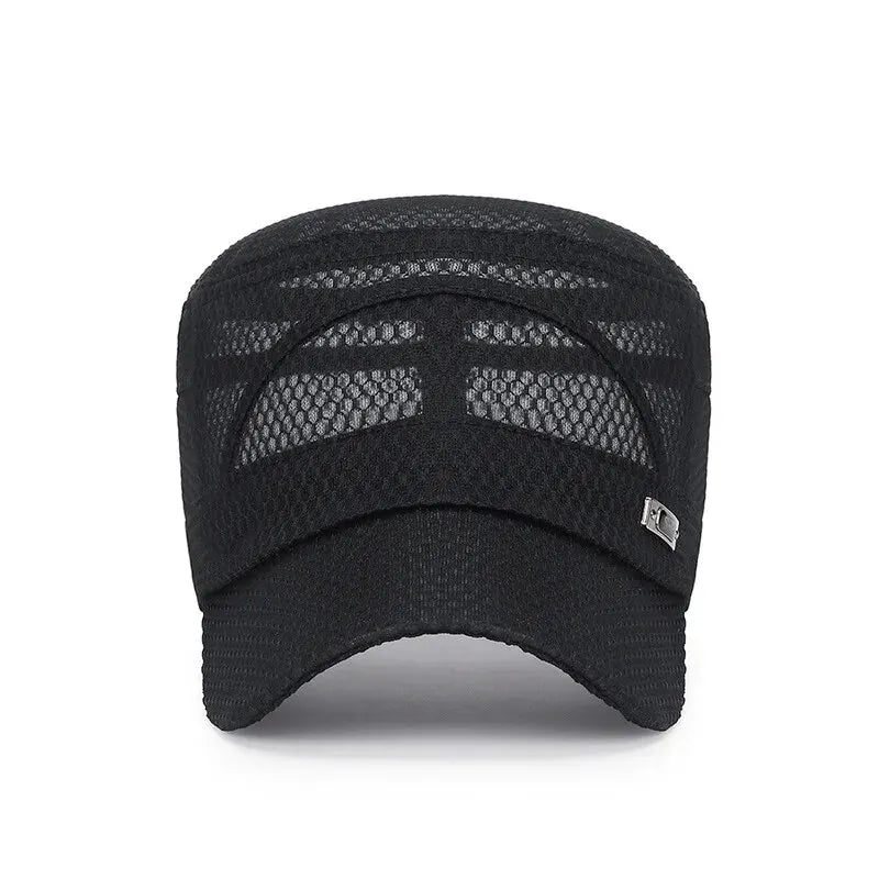 Breathable mesh flat-top cap with military-inspired silhouette and adjustable strap