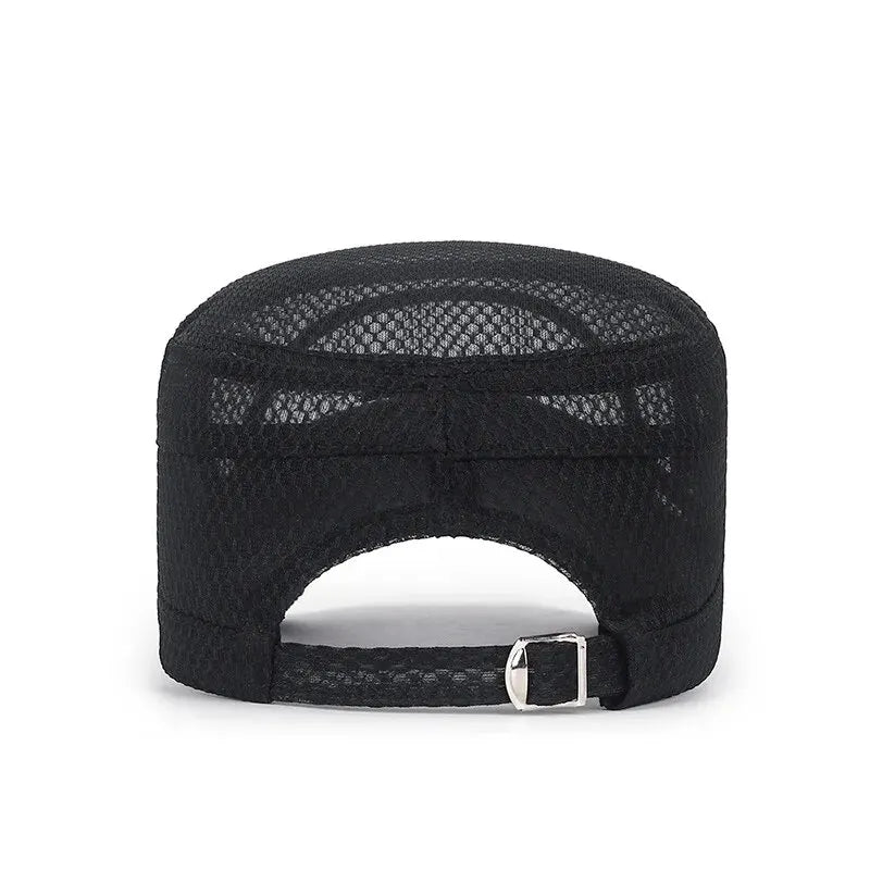 Breathable mesh flat-top cap with military-inspired silhouette and adjustable strap