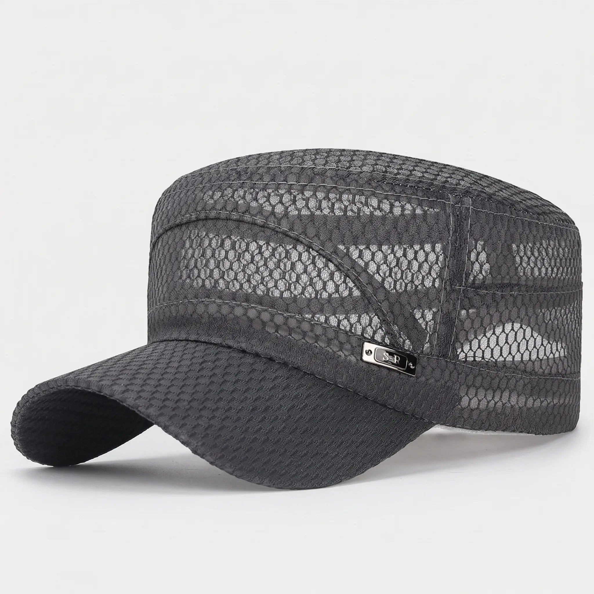 Breathable mesh flat-top cap with military-inspired silhouette and adjustable strap