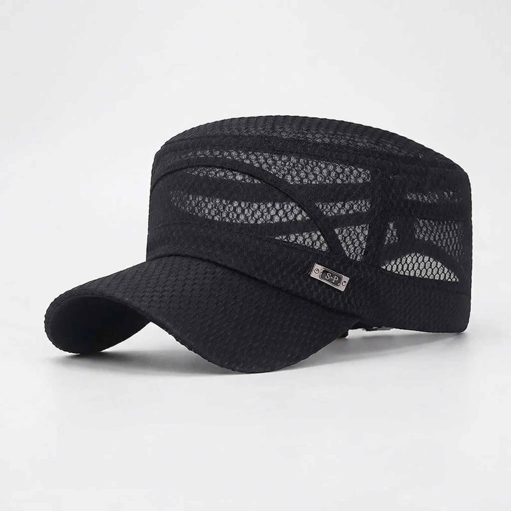 Breathable mesh flat-top cap with military-inspired silhouette and adjustable strap