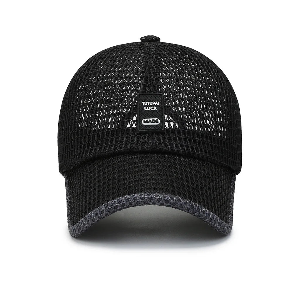 Breathable mesh baseball cap with adjustable snapback closure