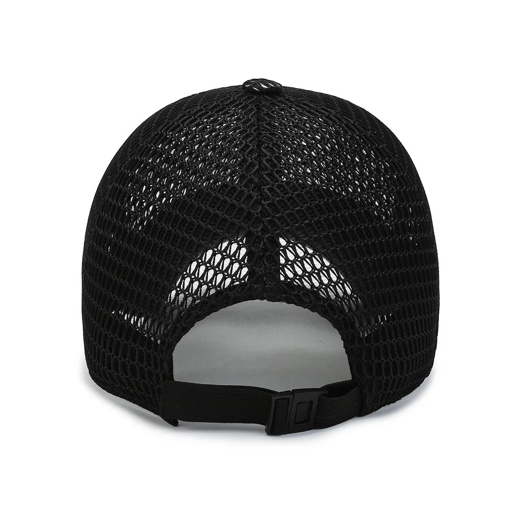 Breathable mesh baseball cap with adjustable snapback closure