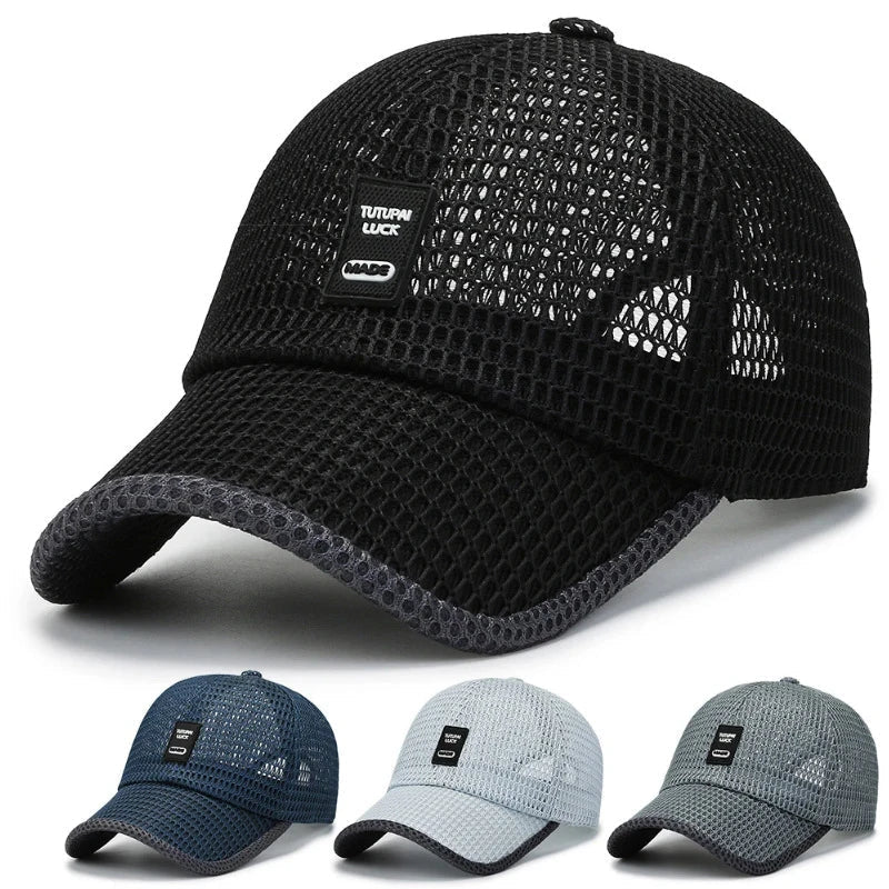 Breathable mesh baseball cap with adjustable snapback closure