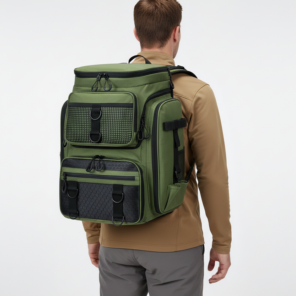Fishing backpack with water-resistant material and rod holders