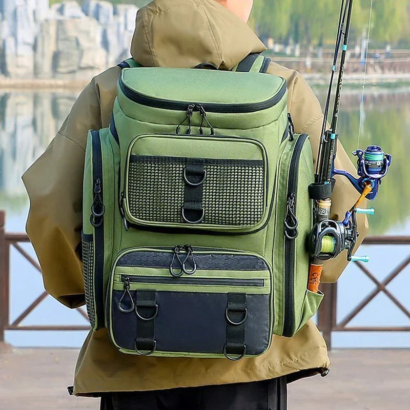 Fishing backpack with water-resistant material and rod holders