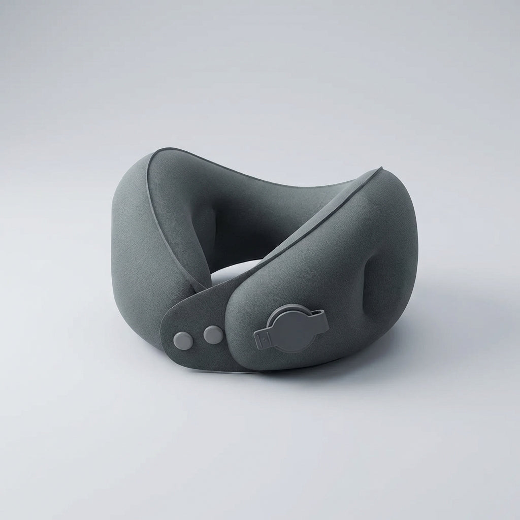 Inflatable travel neck pillow with ergonomic support and compact carry case