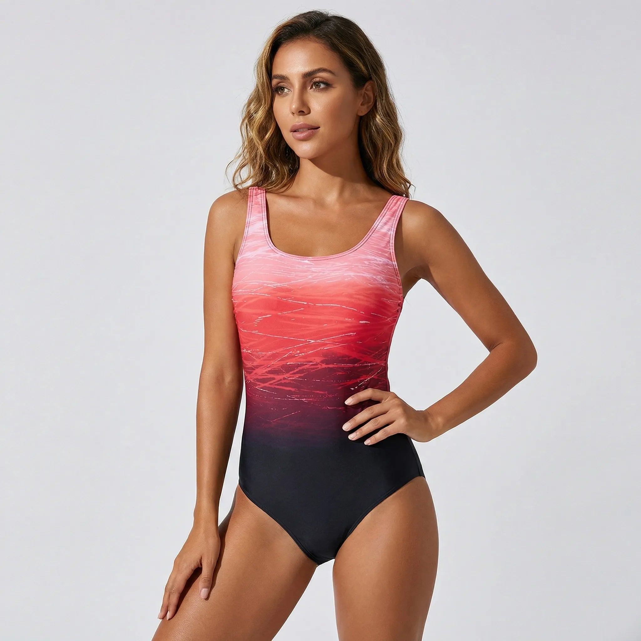 Backless one-piece swimsuit with gradient print and wide straps
