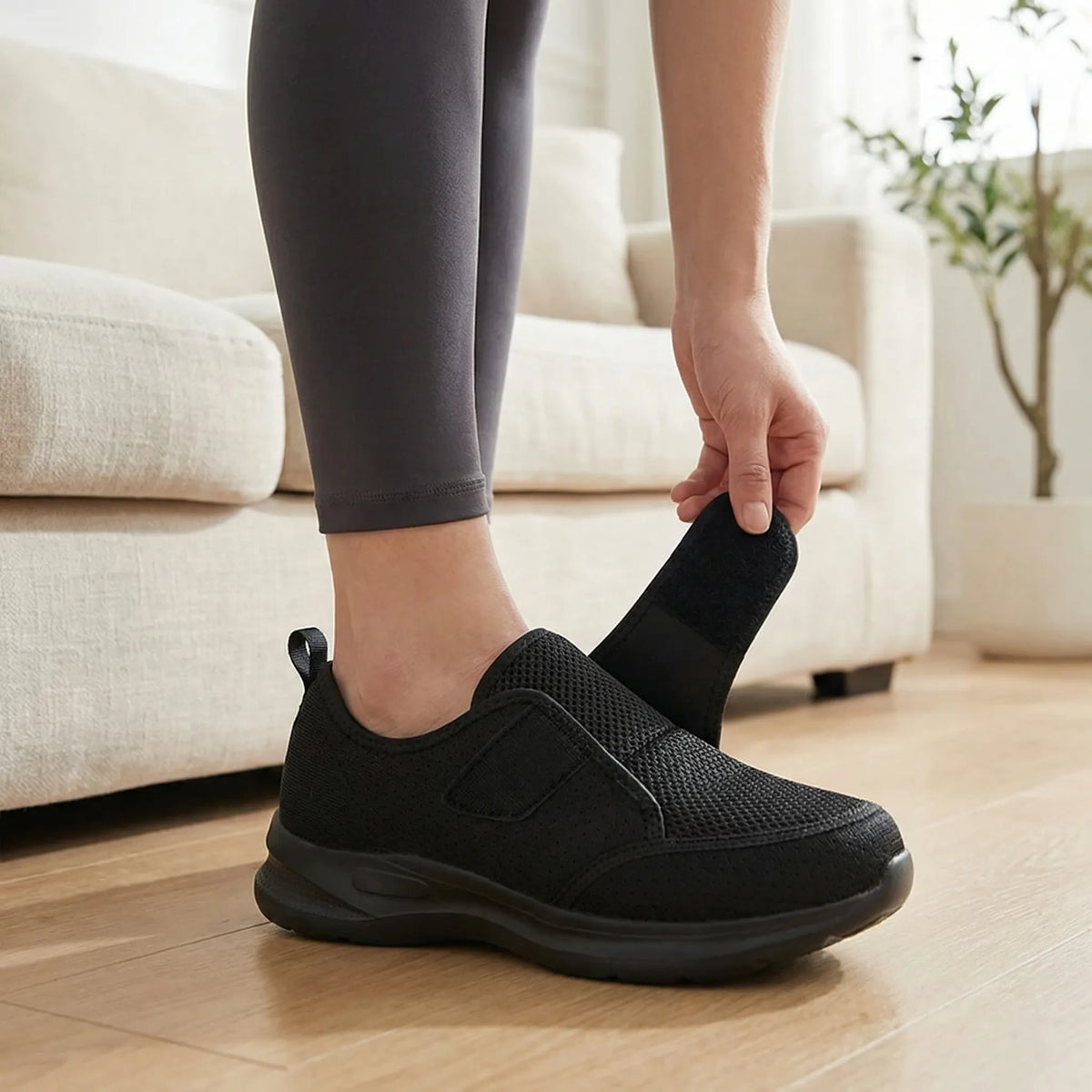 Wide fit orthopedic shoe with adjustable hook-and-loop strap