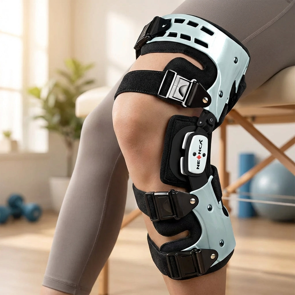 Unloader knee brace with adjustable hinges and cushioned support