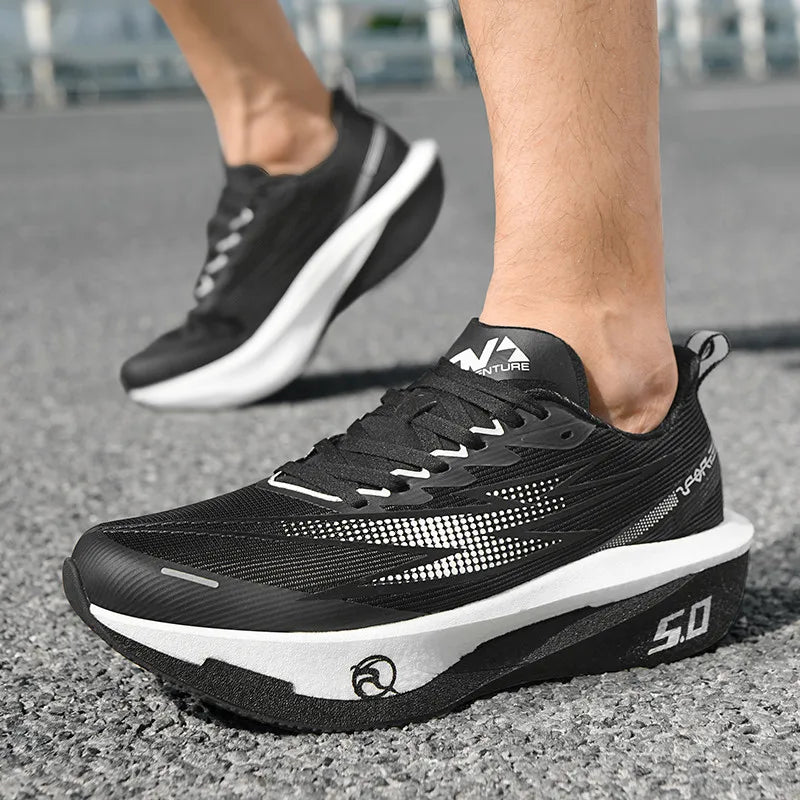 Running shoe with breathable mesh upper and cushioned sole
