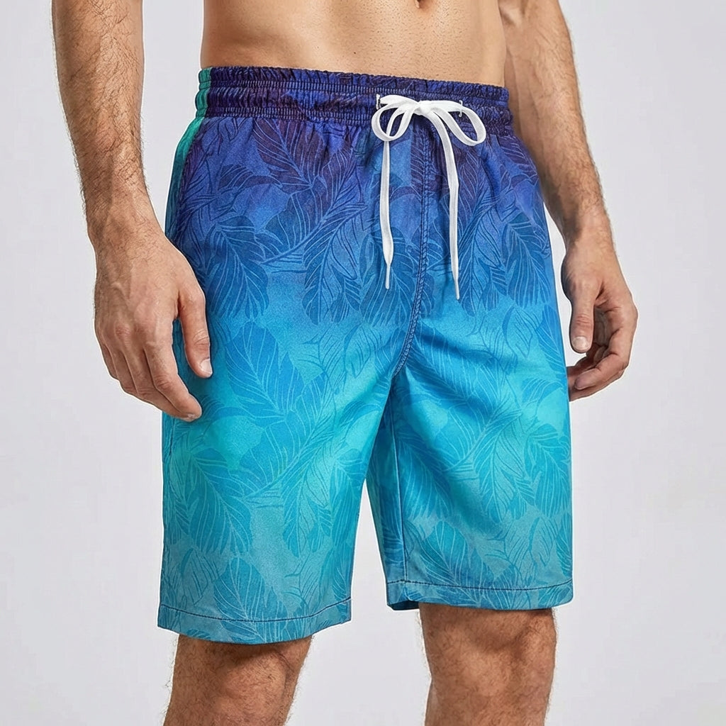 Men's loose fit board shorts with palm gradient pattern and quick-drying fabric