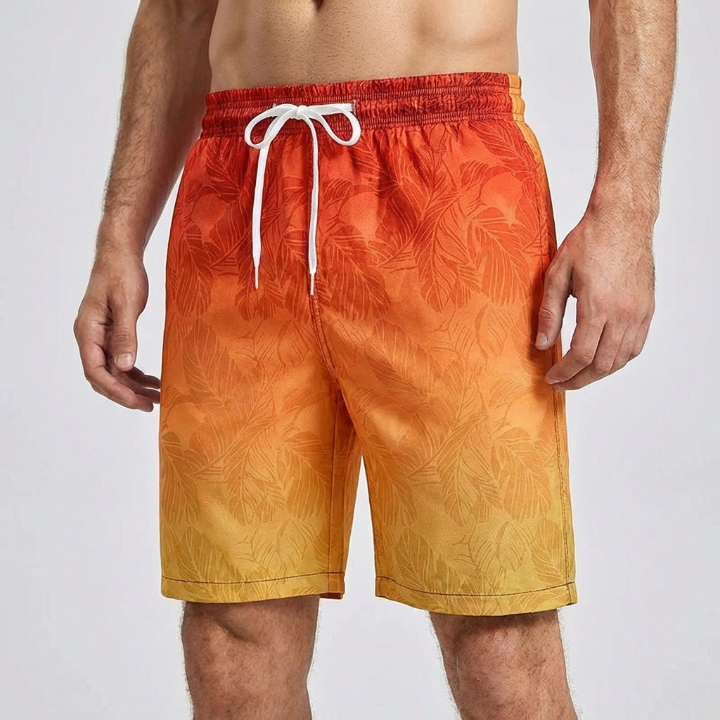 Men's loose fit board shorts with palm gradient pattern and quick-drying fabric