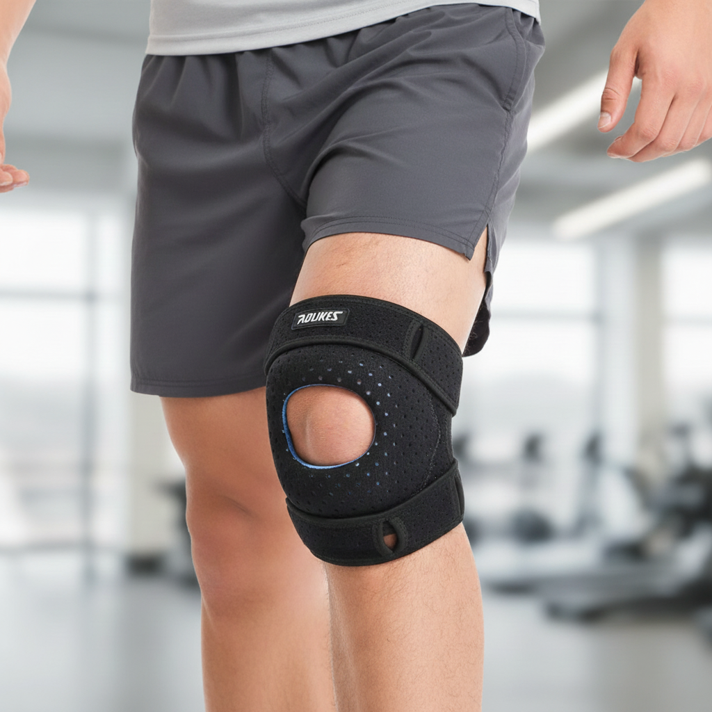 Adjustable patella knee brace with breathable knit fabric and dual straps