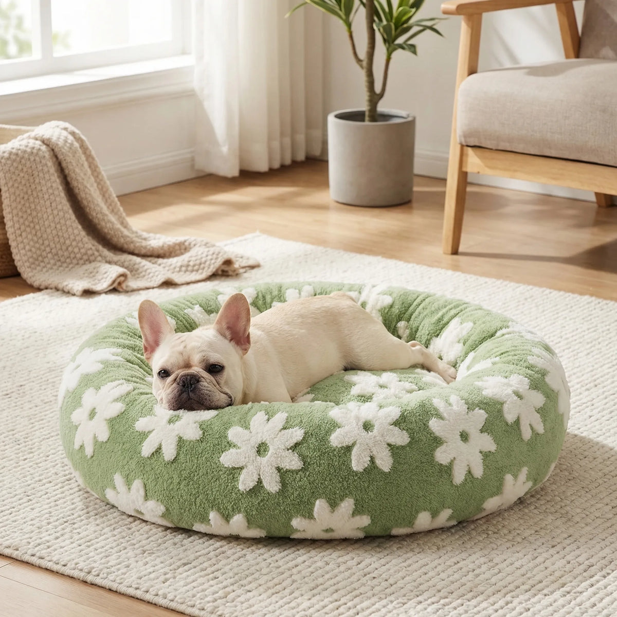 Round plush dog bed with raised bolstered rim, non-slip base, machine-washable