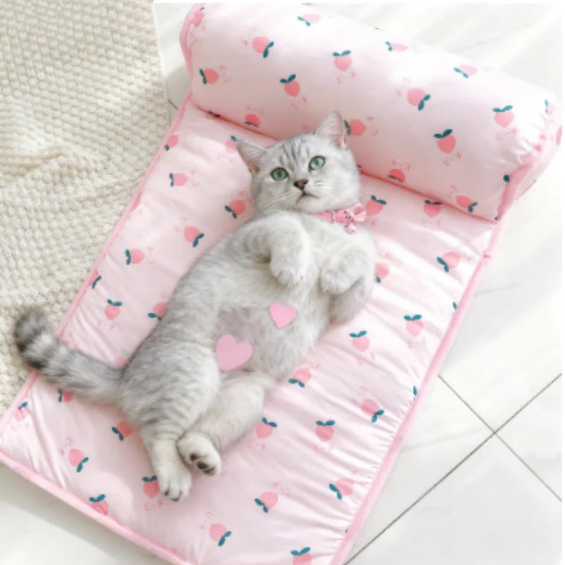 Breathable pet cooling mat with flat design and bolster headrest