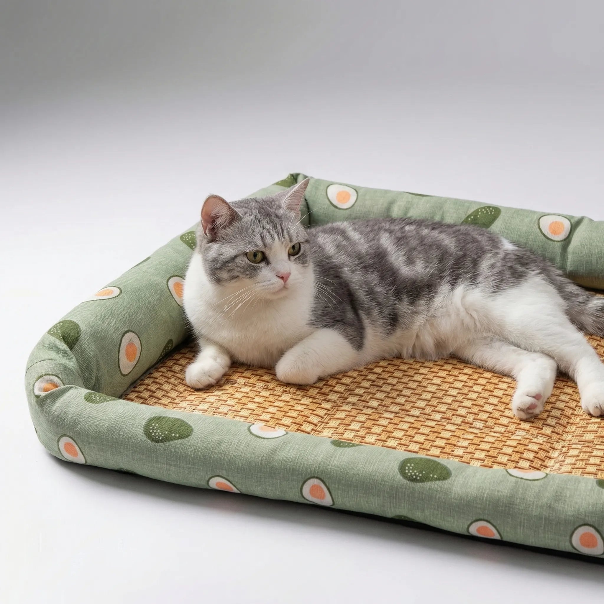 Woven rattan pet cooling mat with raised padded border