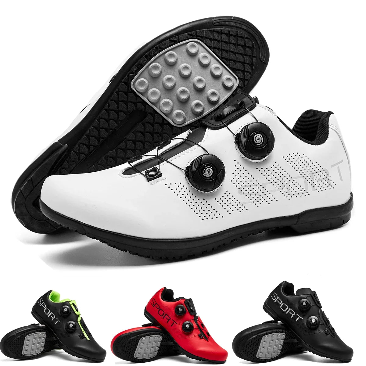Flat pedal cycling shoe with dual dial closure and breathable upper