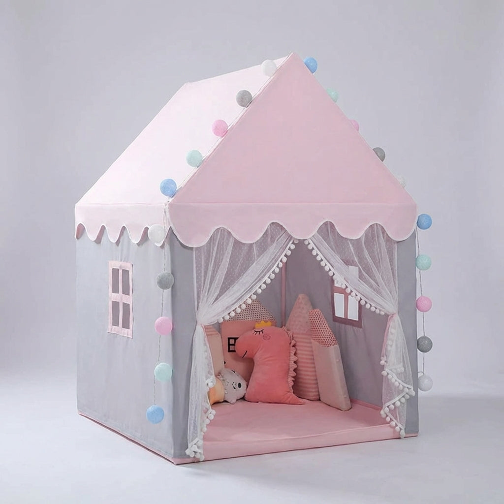 Collapsible play tent with castle design and scalloped canopy for kids