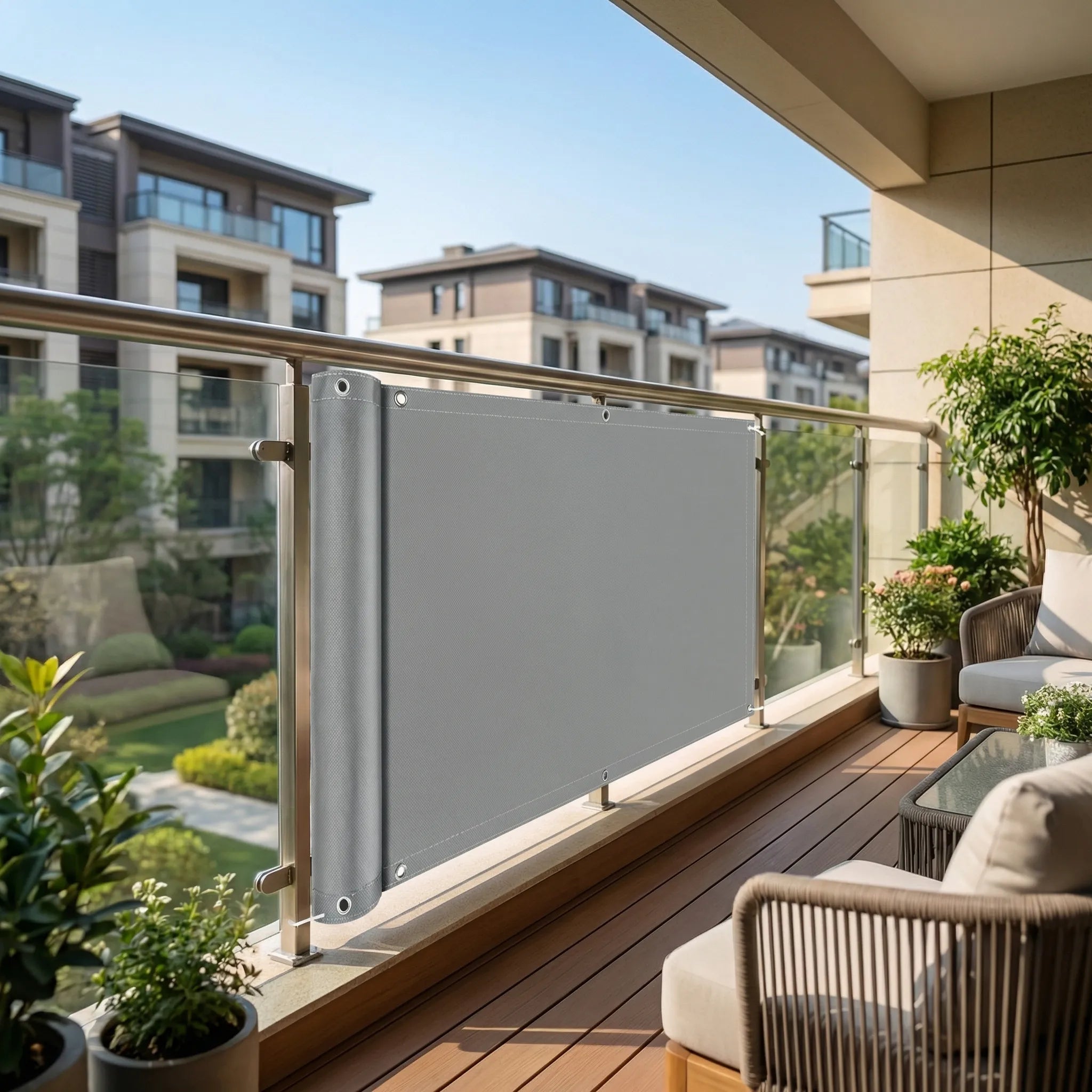 Outdoor privacy screen for balcony with water repellent weave
