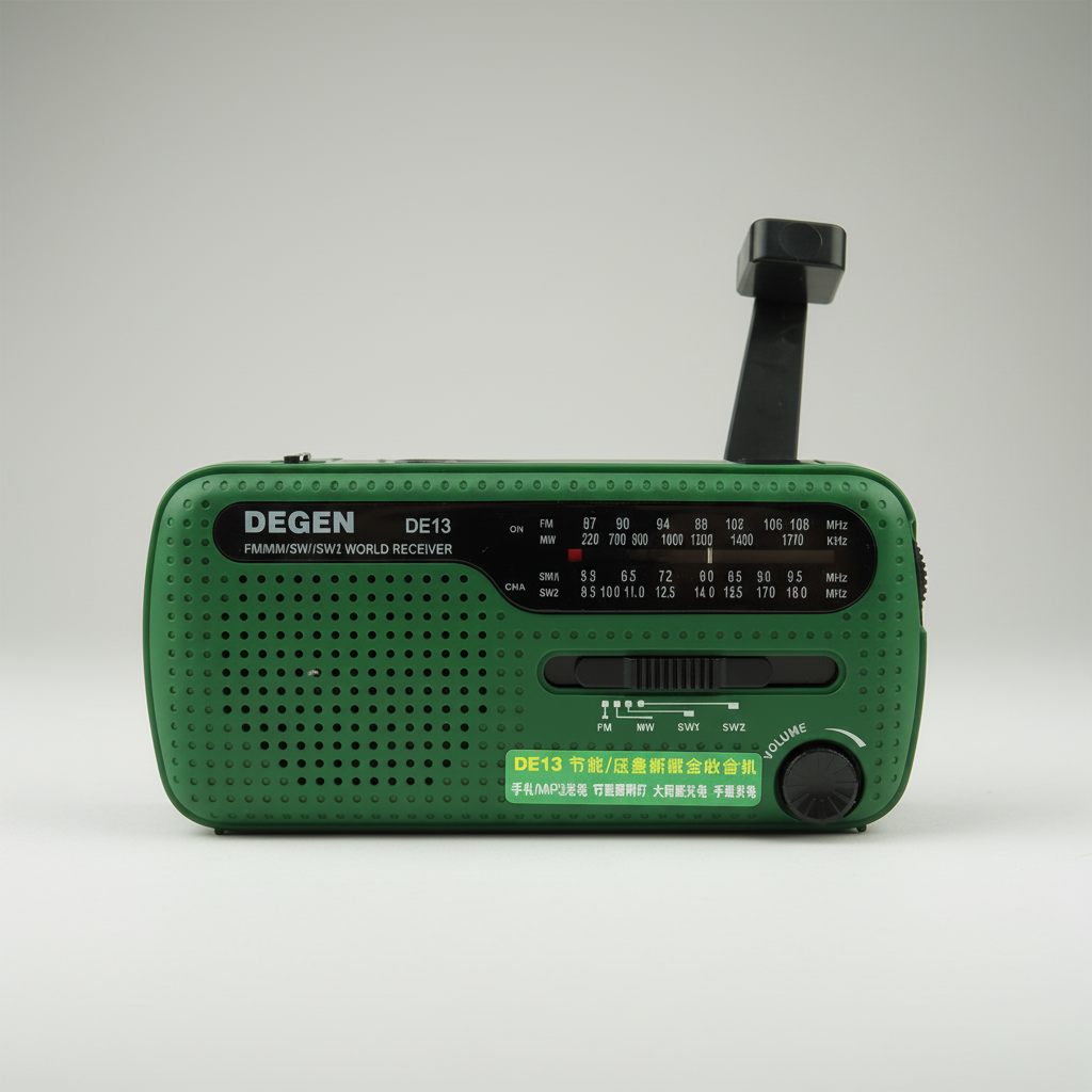 Hand crank emergency radio with built-in flashlight and USB charger