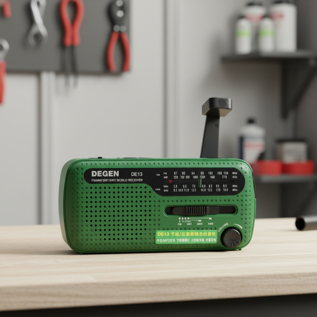 Hand crank emergency radio with built-in flashlight and USB charger