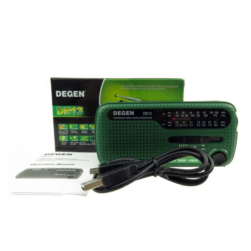Hand crank emergency radio with built-in flashlight and USB charger