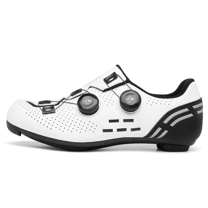 Road cycling shoe with dual rotary dial closure and Shimano cleat mount