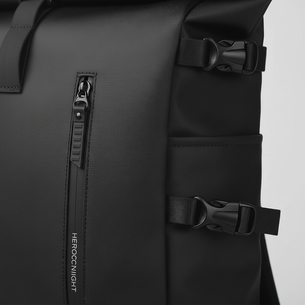 Roll-top travel backpack with padded laptop compartment and USB port