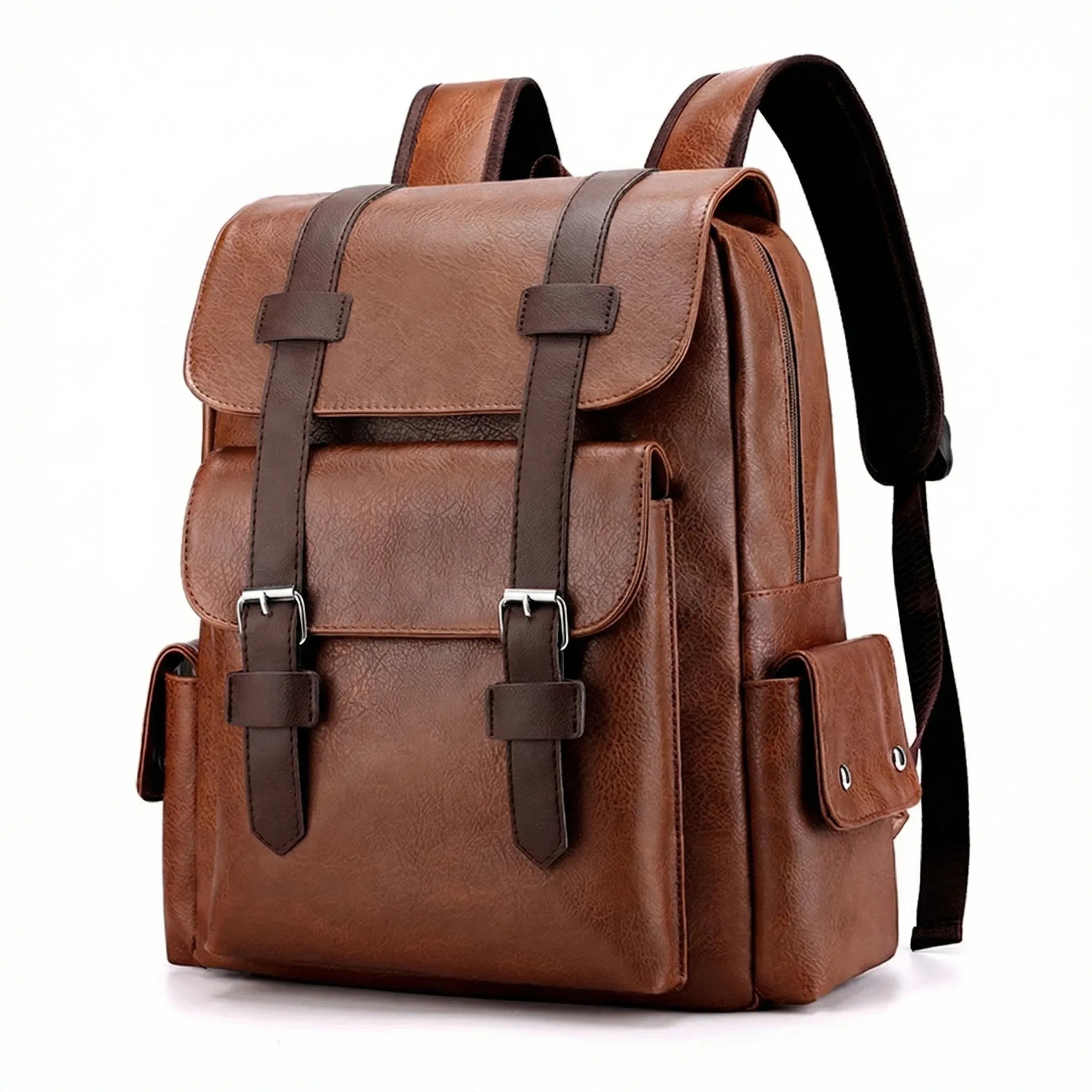 Large men's laptop backpack with vintage buckle closure and padded straps