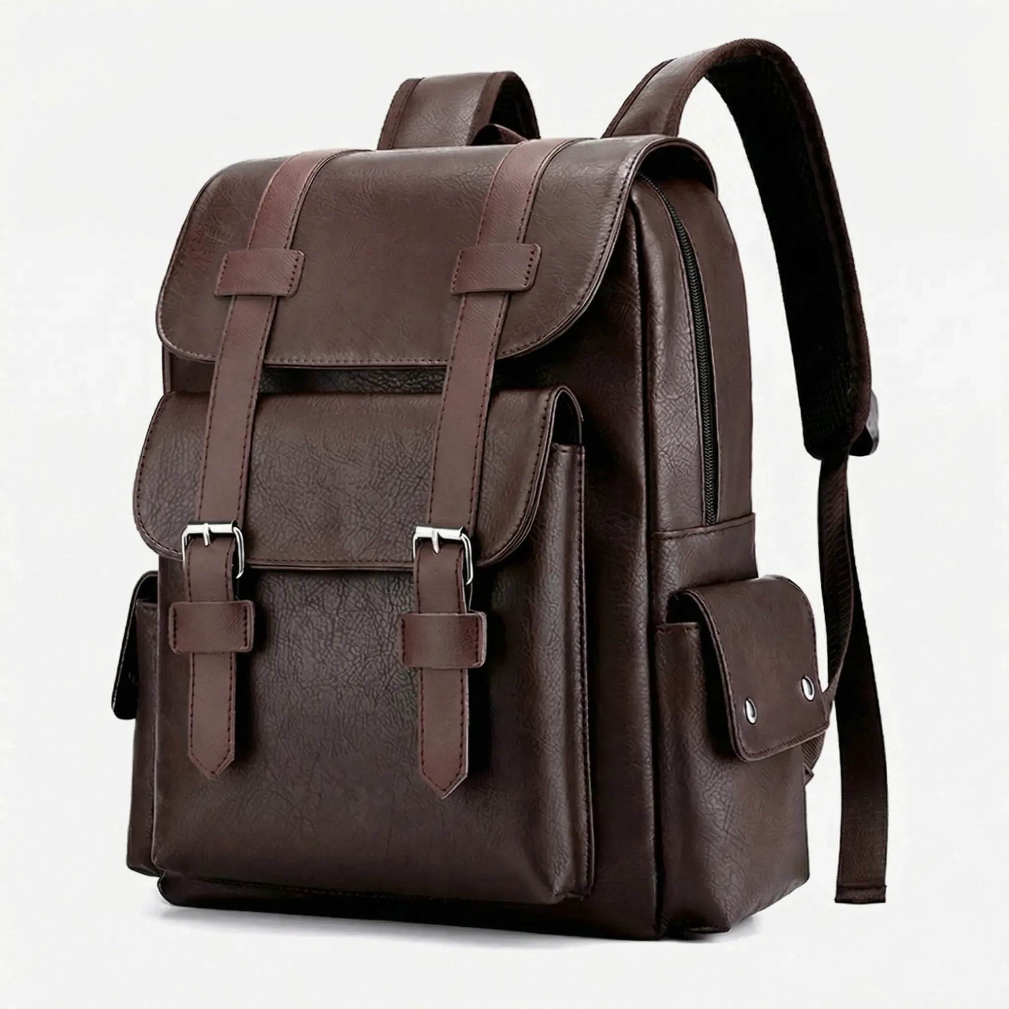 Large men's laptop backpack with vintage buckle closure and padded straps