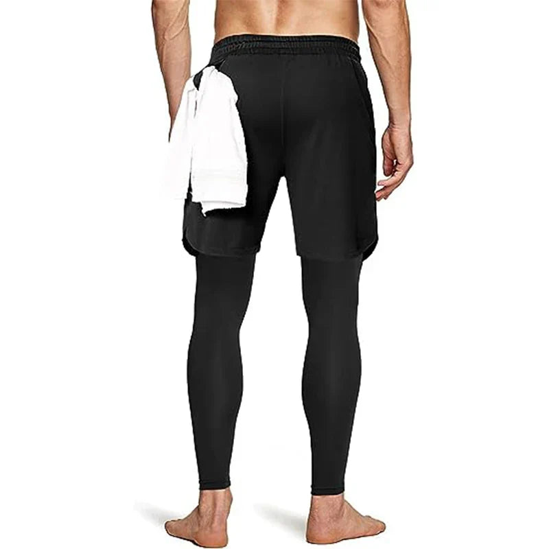 Men's two-in-one training pants with compression leggings and outer shorts