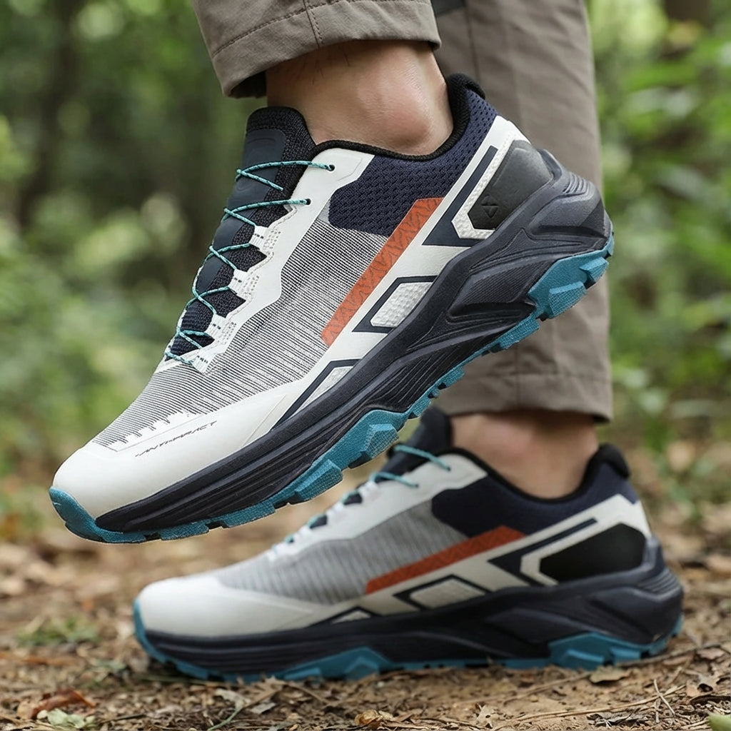 Low cut trail running shoe with breathable mesh and aggressive outsole