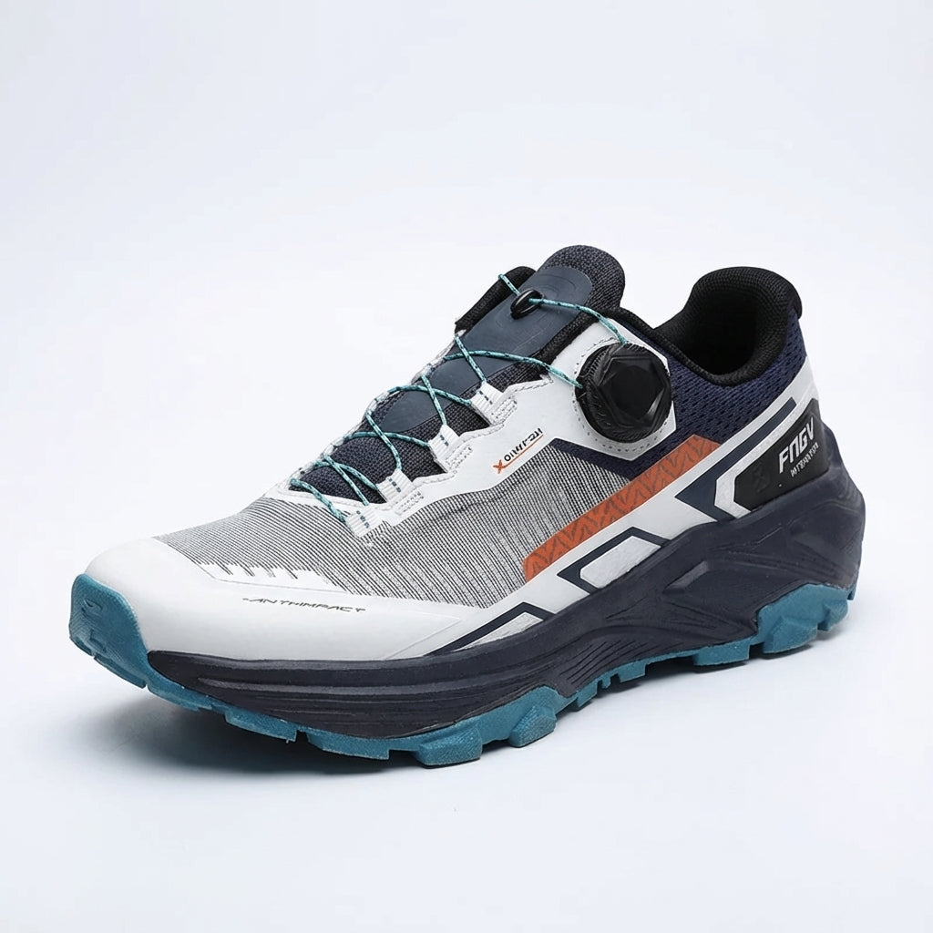 Low cut trail running shoe with breathable mesh and aggressive outsole