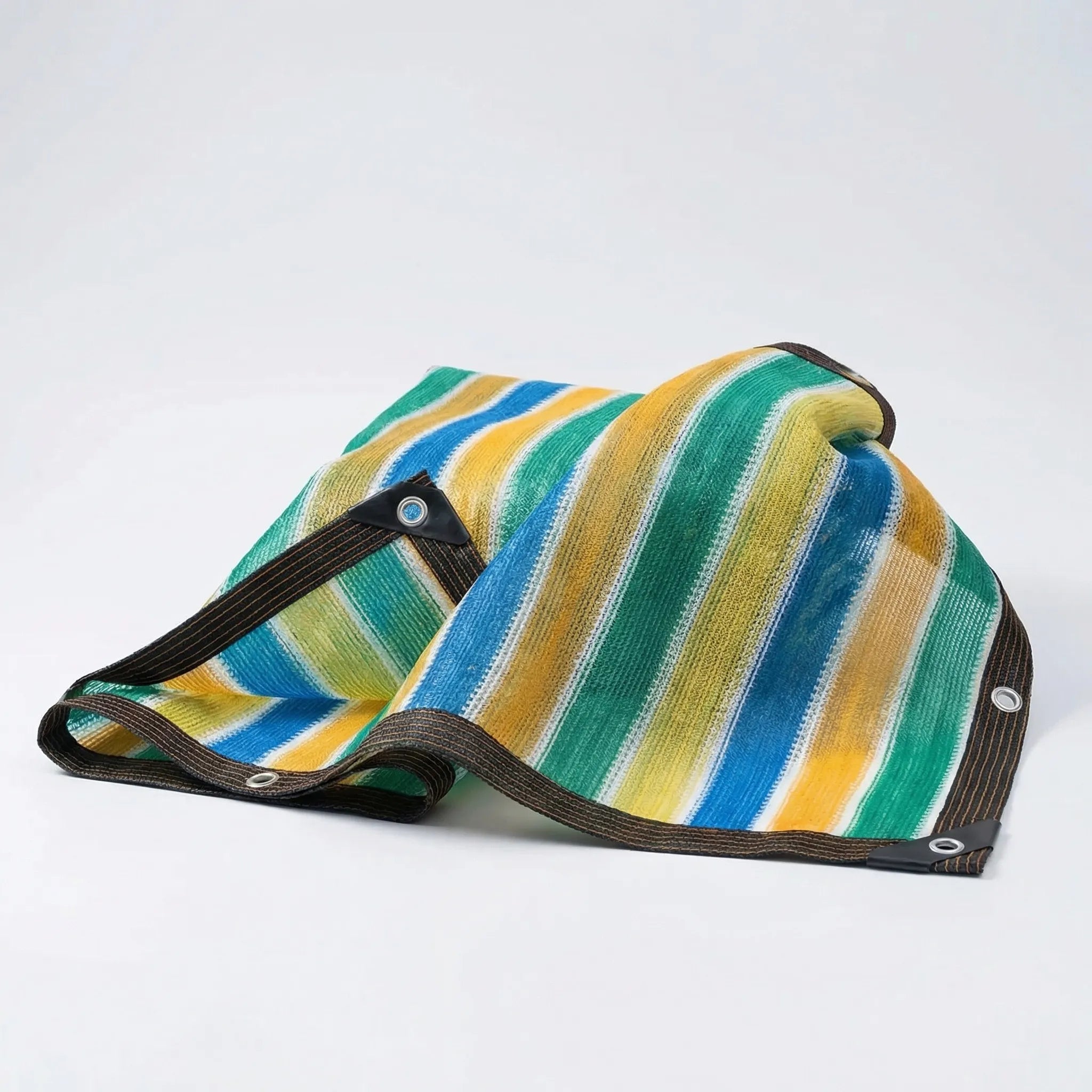 Striped outdoor shade canopy with reinforced eyelets for sun protection