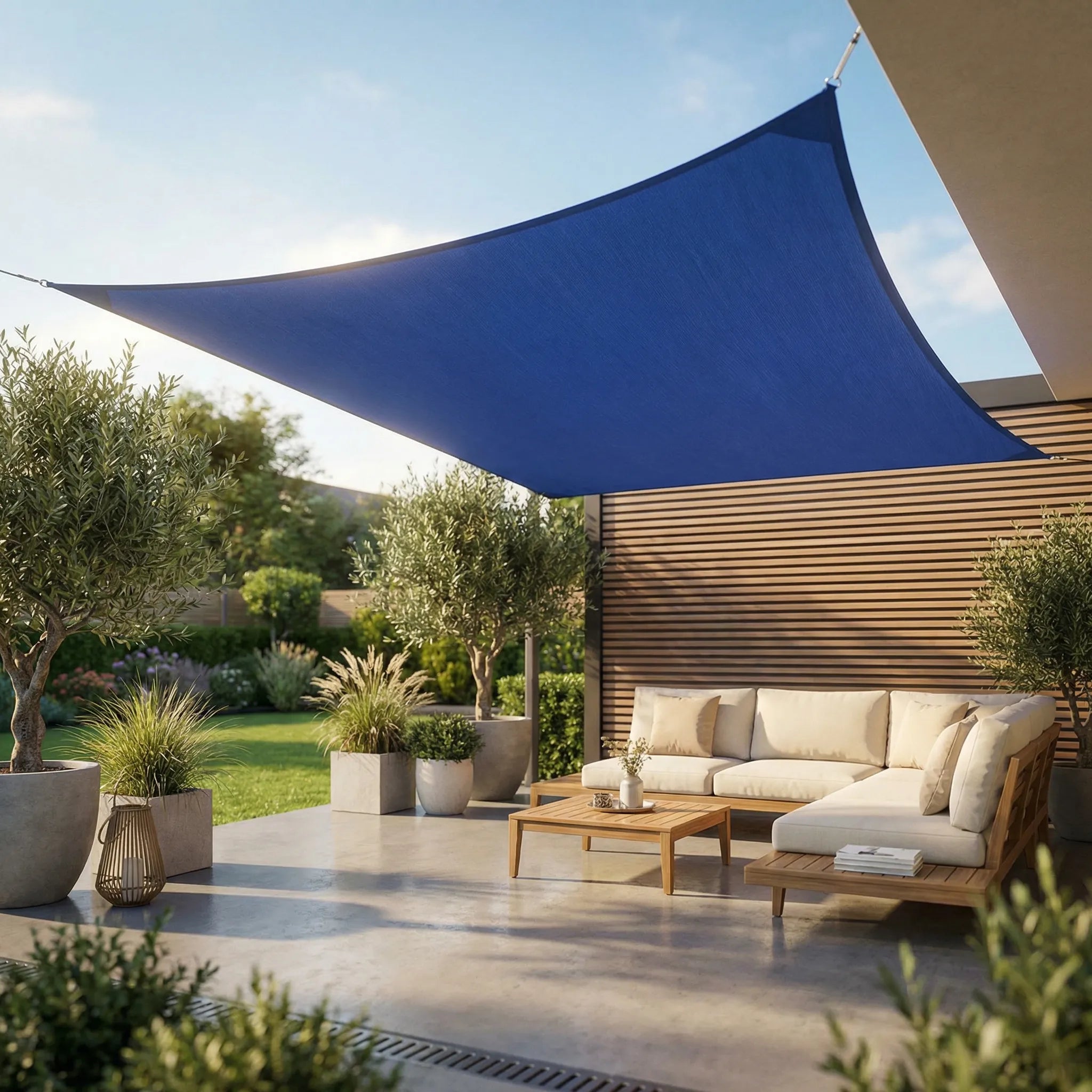 Rectangular outdoor shade sail with adjustable corner tension for patio and garden sun protection