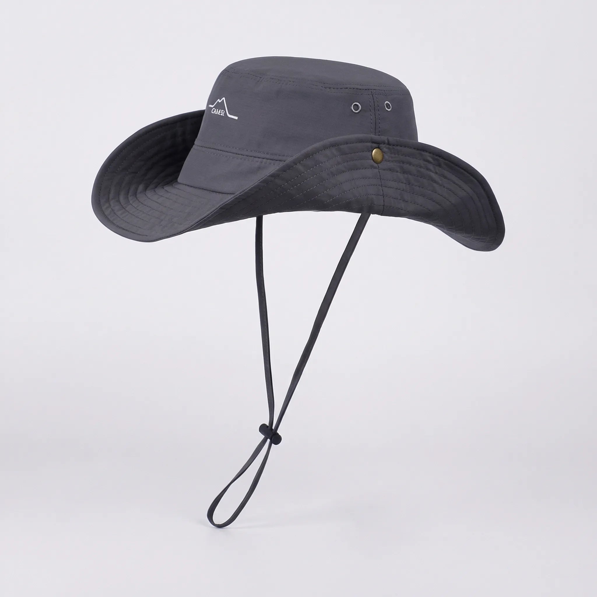 Wide-brim outdoor hat with waterproof quick-drying construction and adjustable chin cord