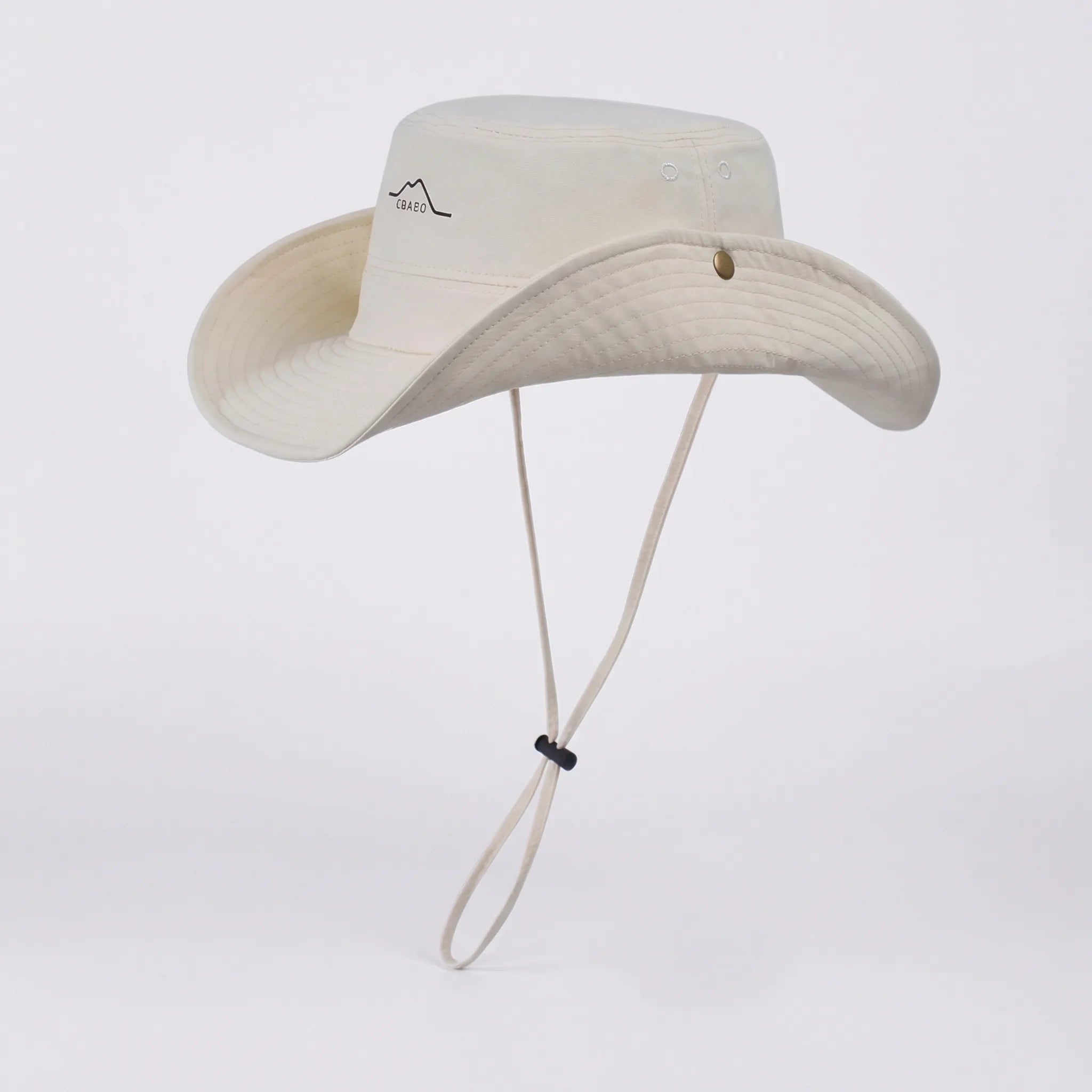 Wide-brim outdoor hat with waterproof quick-drying construction and adjustable chin cord