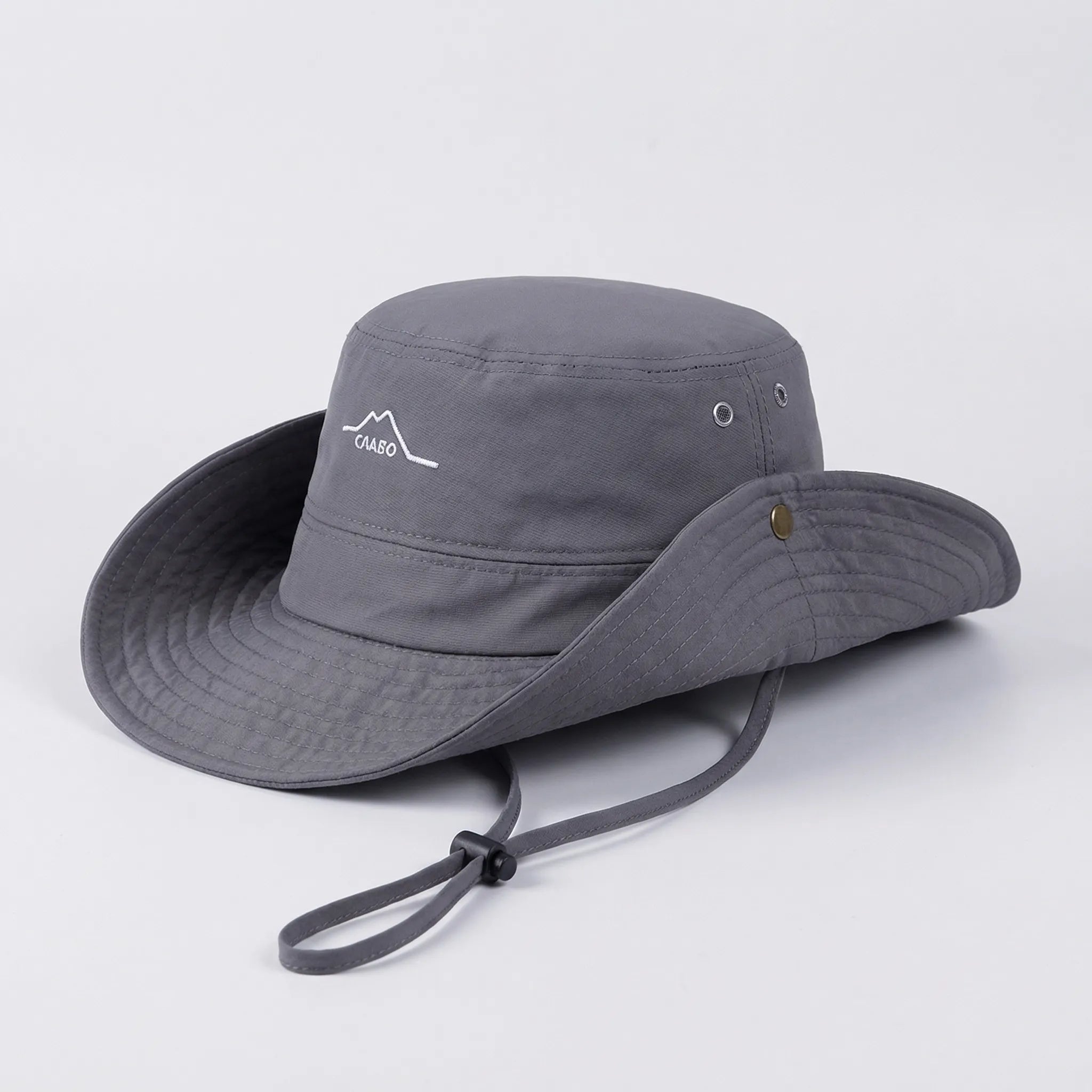 Wide-brim outdoor hat with waterproof quick-drying construction and adjustable chin cord